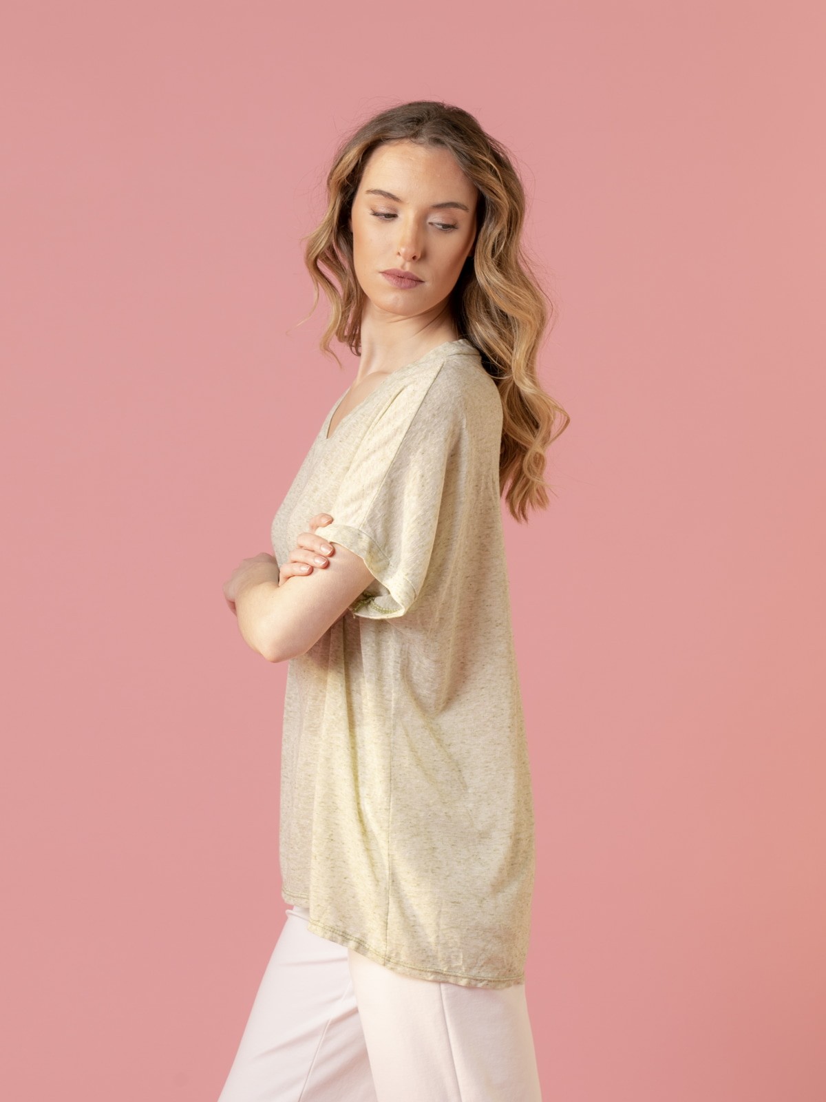 Woman Oversize linen V-neck T-shirt  Olive