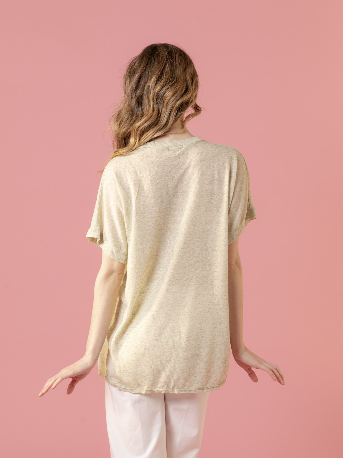 Woman Oversize linen V-neck T-shirt  Olive