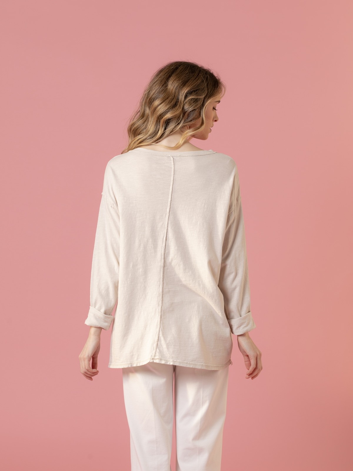 Woman oversized cotton t-shirt with pocket  Beige