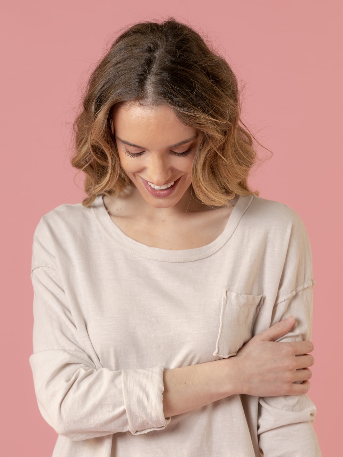 Woman oversized cotton t-shirt with pocket  Beige