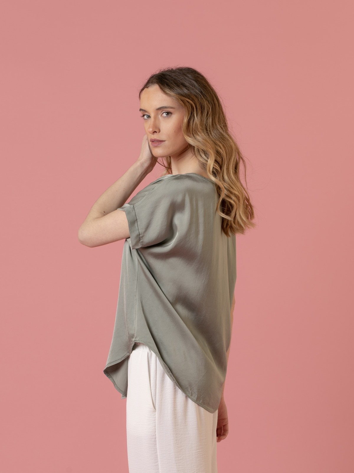 Woman Vegetable satin blouse with short sleeves Khaki