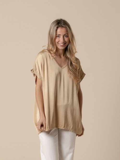 Woman Vegetable satin V-neck blouse Camel