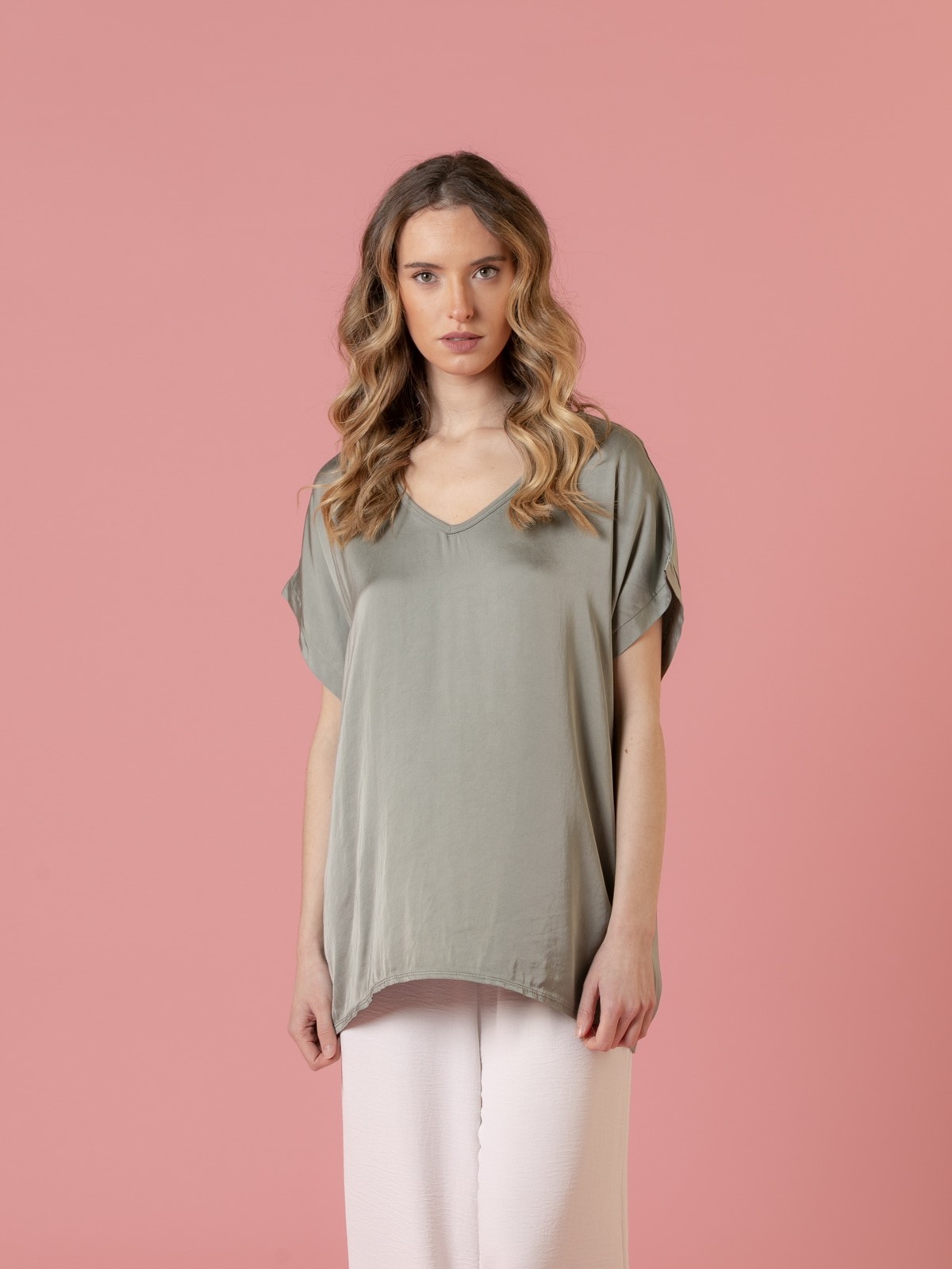 Woman Vegetable satin V-neck blouse Khaki