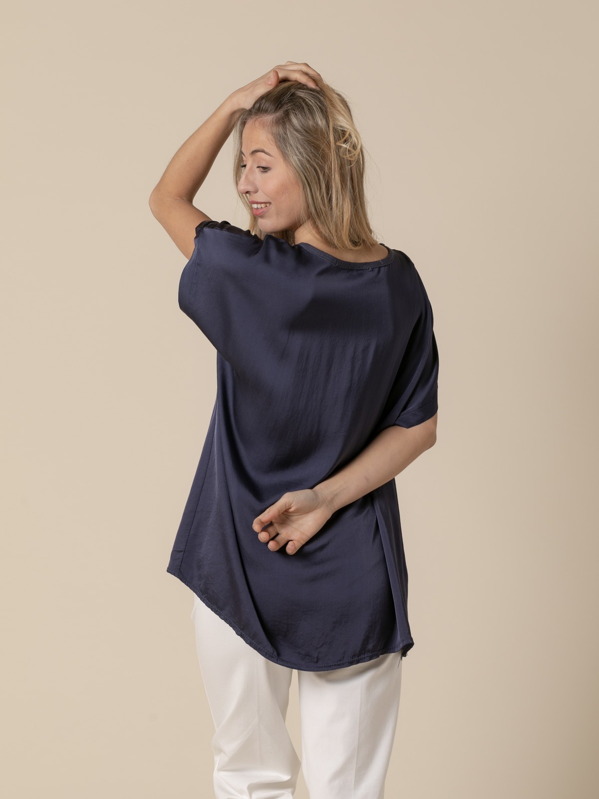 Woman Vegetable satin V-neck blouse Blue Navy