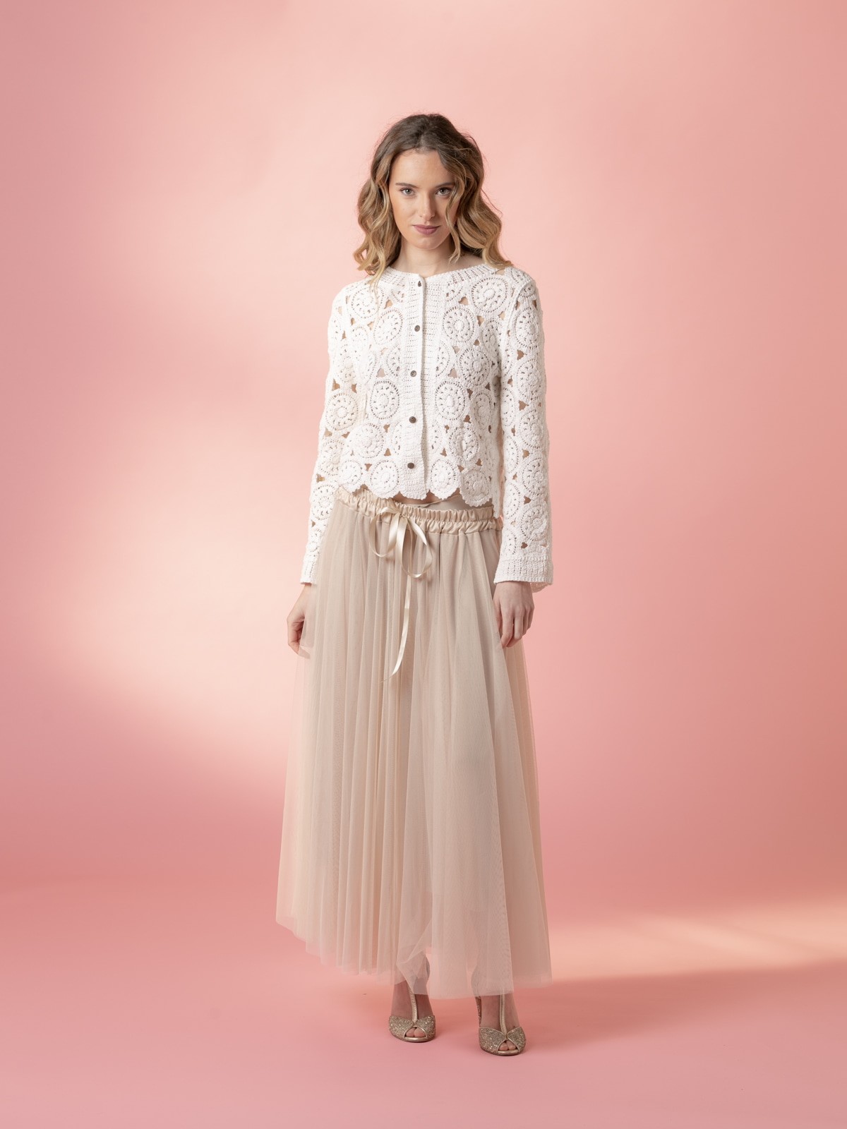 Woman Cotton crochet jacket with round neckline  White