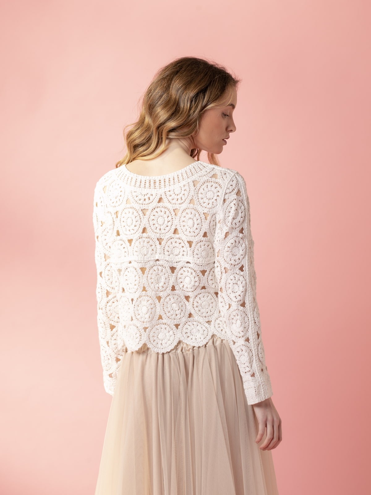 Woman Cotton crochet jacket with round neckline  White