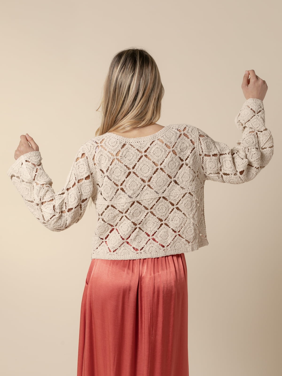 Woman 100% cotton crochet jacket with V neckline  Beige