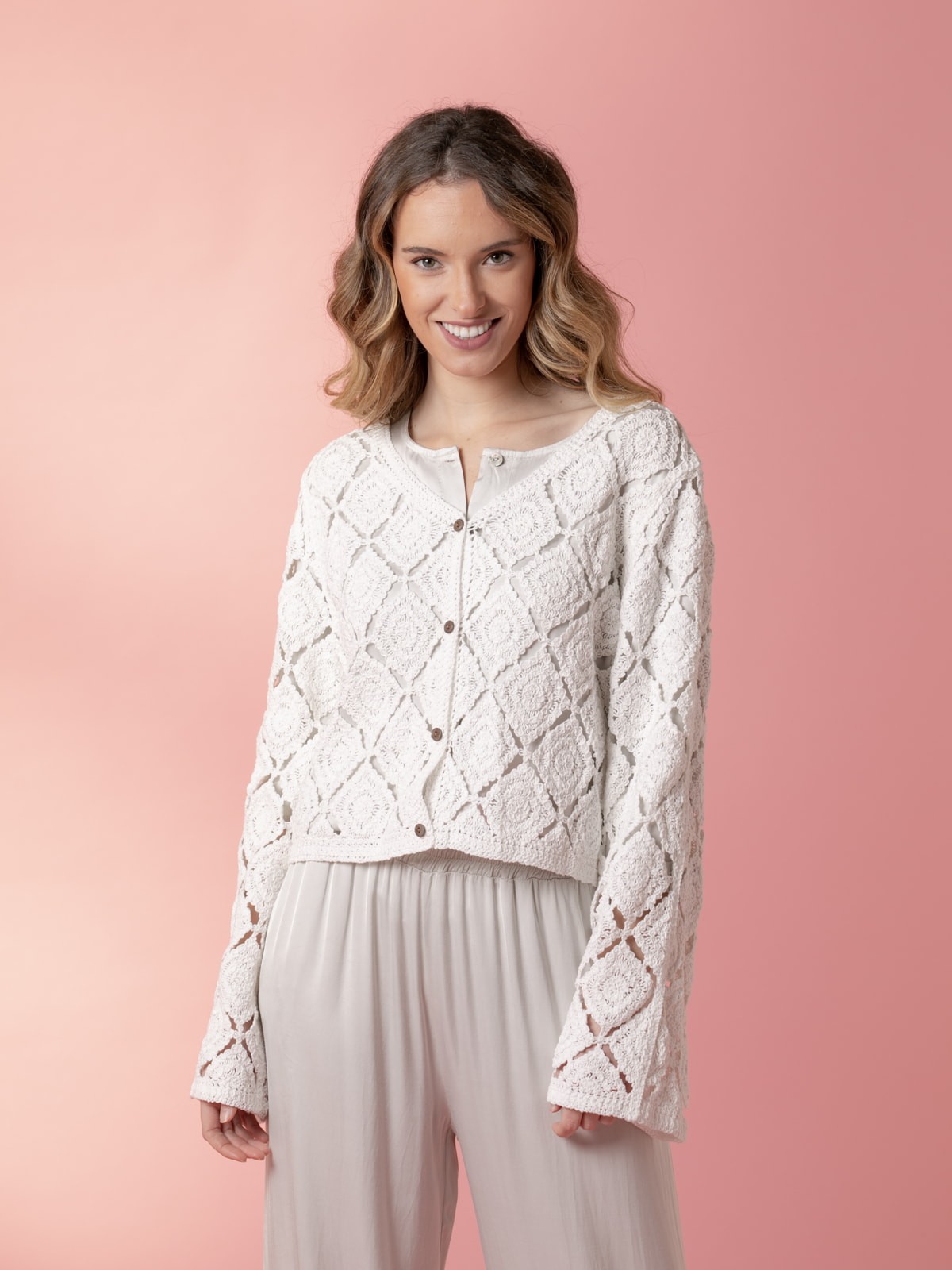 Woman 100% cotton crochet jacket with V neckline  White