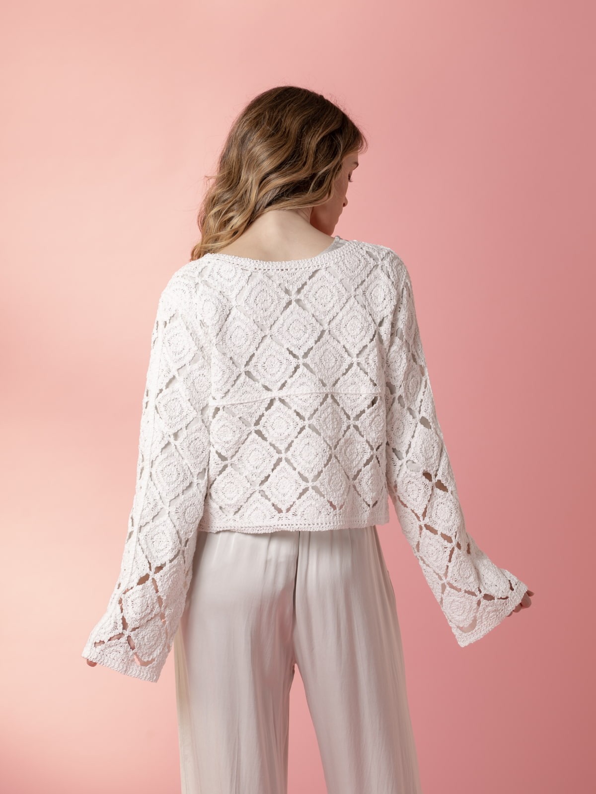 Woman 100% cotton crochet jacket with V neckline  White