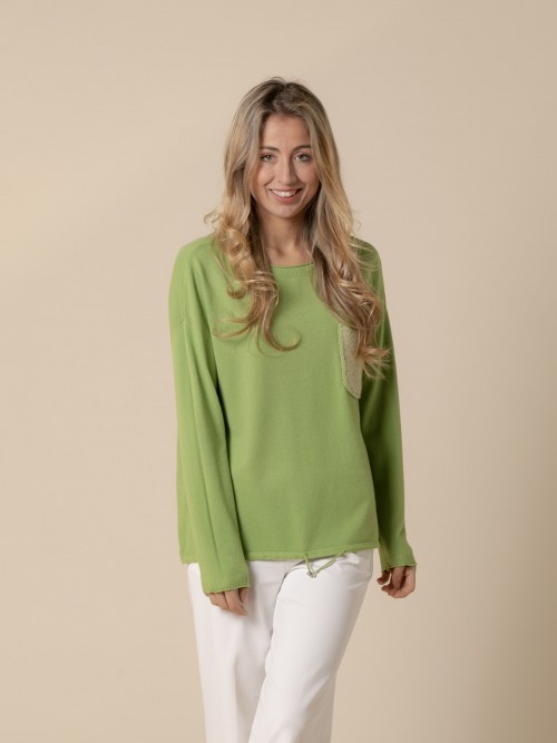 Woman soft round neck jumper with pocket detail  Green