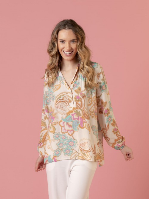 Camisa oversize floral Beige