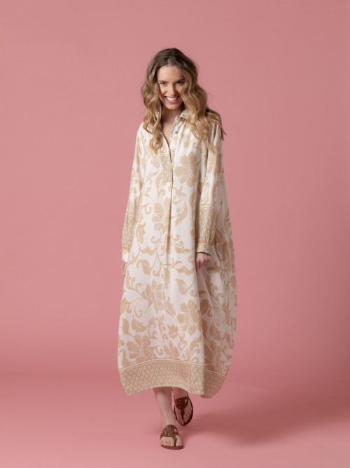 Vestido largo fluido estampado flores Beige