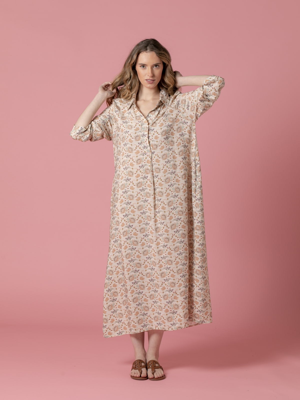 Woman Floral print long dress Beige