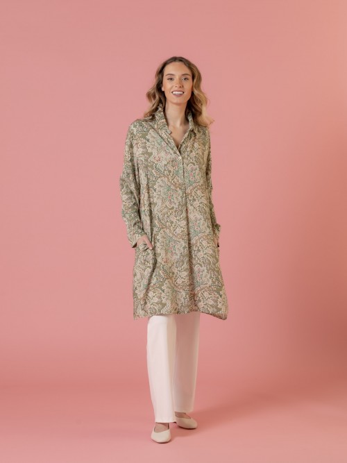 Woman Floral shirt dress buttons up to the waist  Khaki