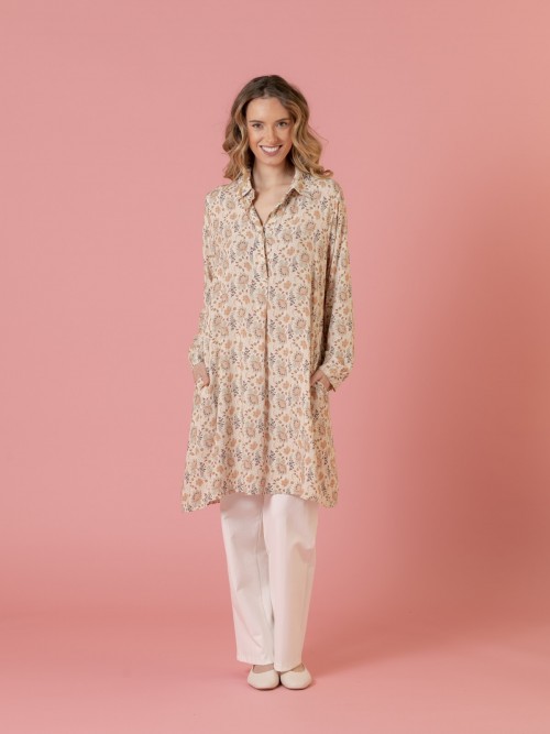 Woman flower print shirt dress  Beige