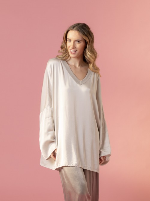 Woman Flowy oversize vegetal satin blouse Beige