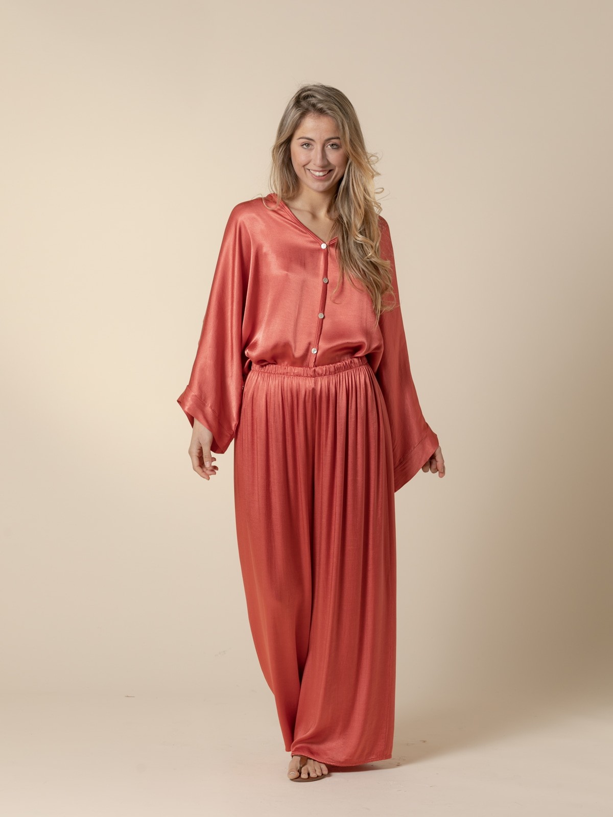 Woman Satin trousers with elastic waistband  Coral