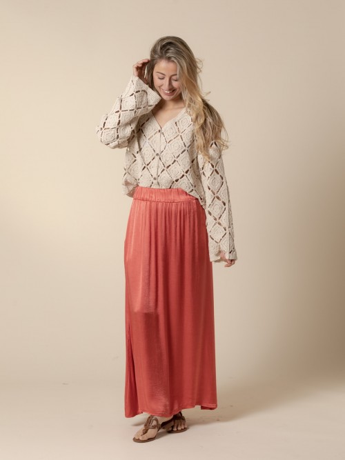 Woman Long satin skirt with pockets  Coral