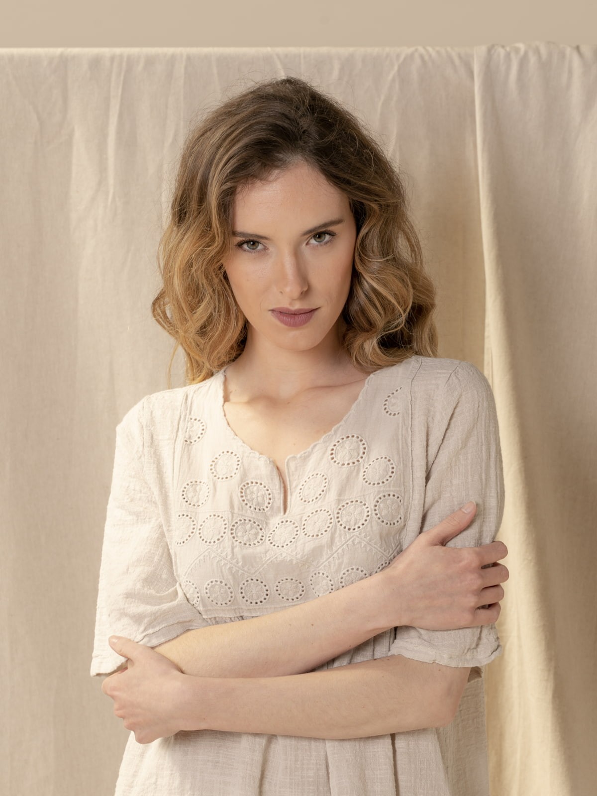 Woman Cotton blouse with front drawing  Beige