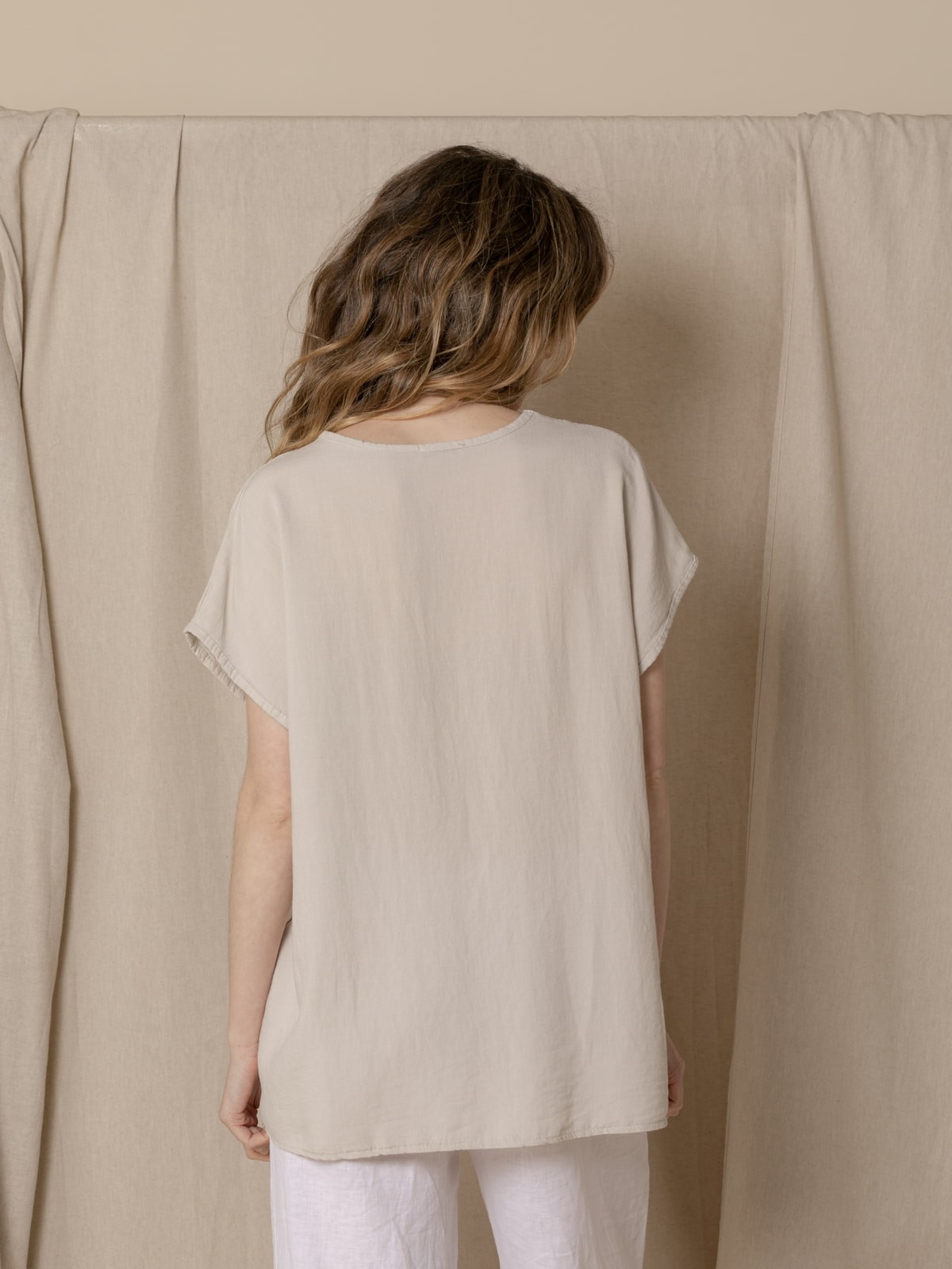 Woman V-neck blouse with satin trims Beige