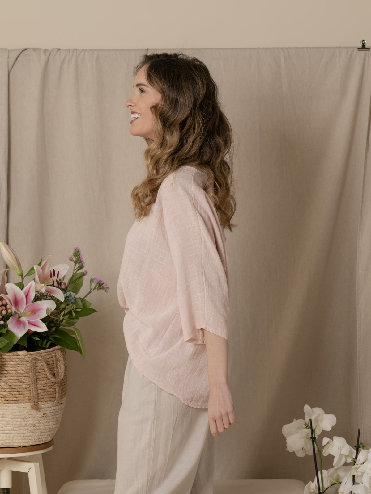 Woman  Comfy cotton elbow sleeve blouse Pink