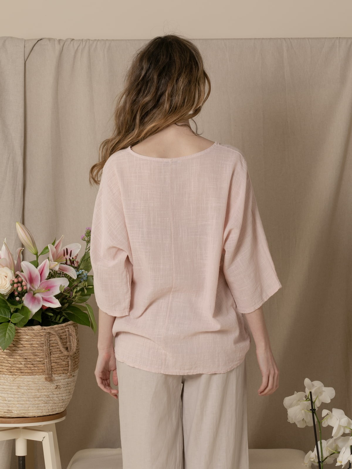 Woman  Comfy cotton elbow sleeve blouse Pink