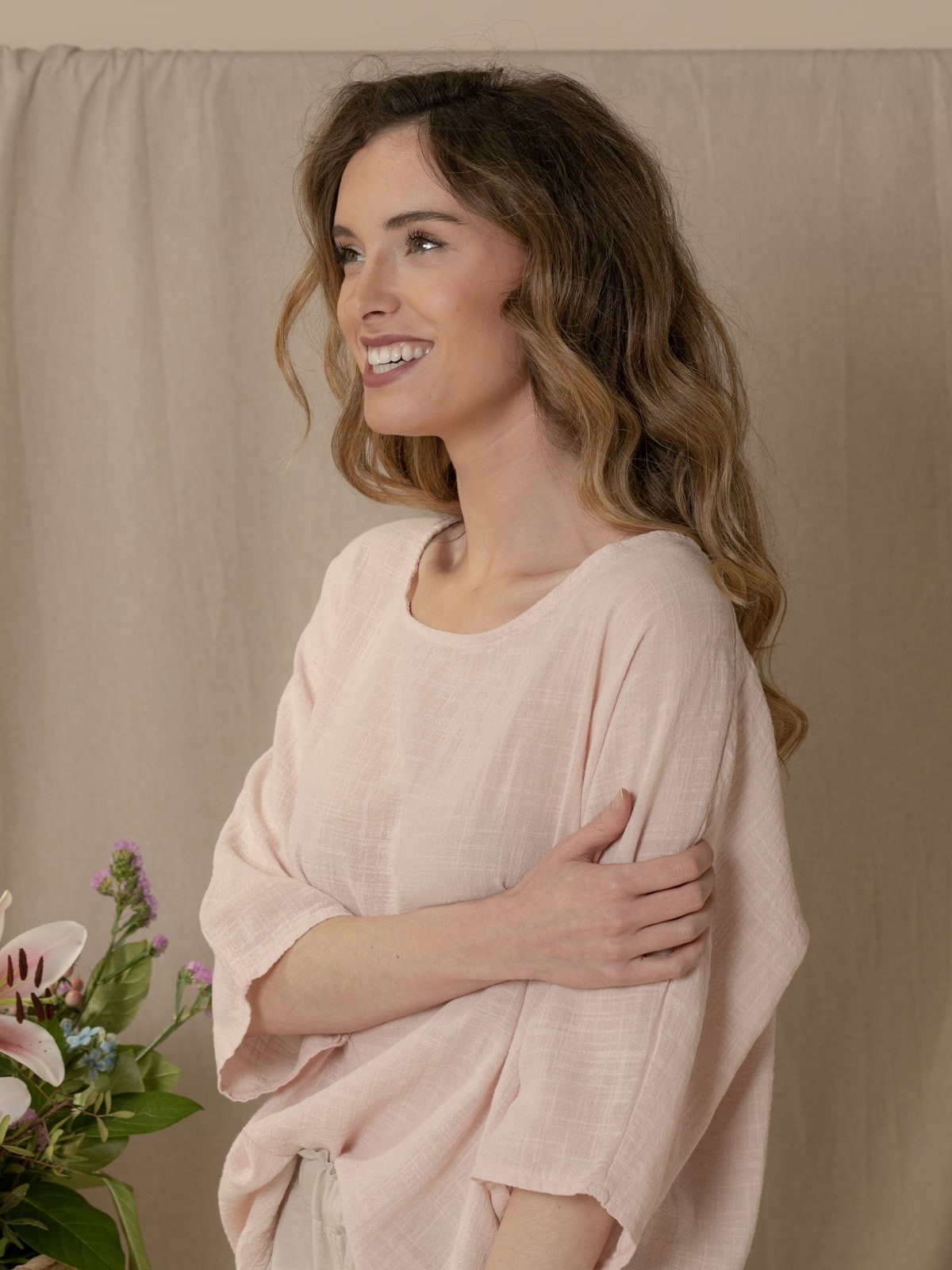 Woman  Comfy cotton elbow sleeve blouse Pink