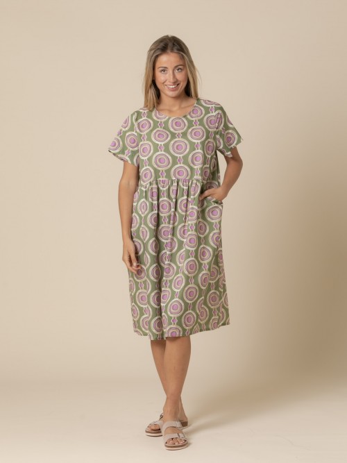 Woman Cotton circle print dress  Khaki