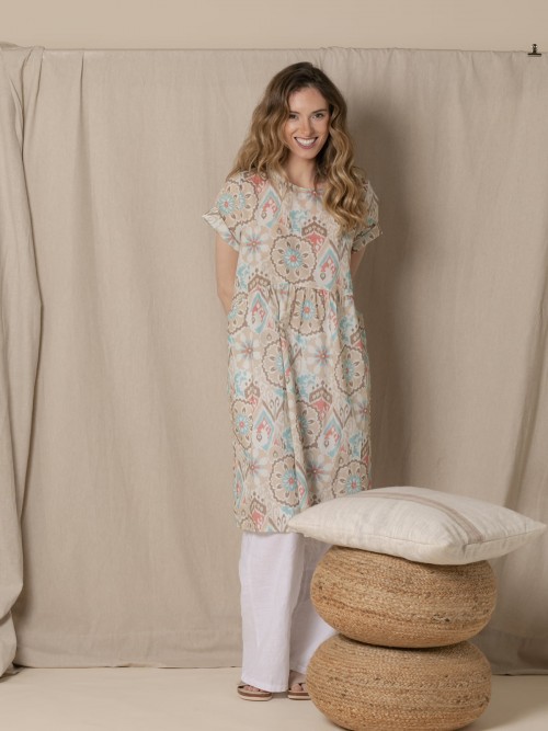 Woman Trendy fluor print dress  Beige