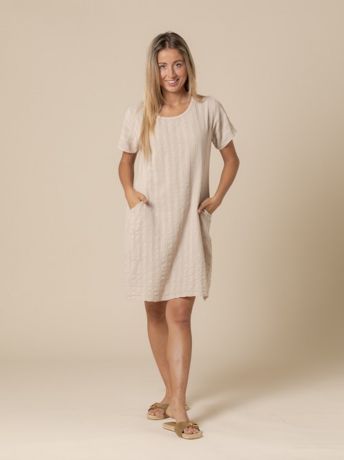 Woman Plain short dress with elastic detail  Beige