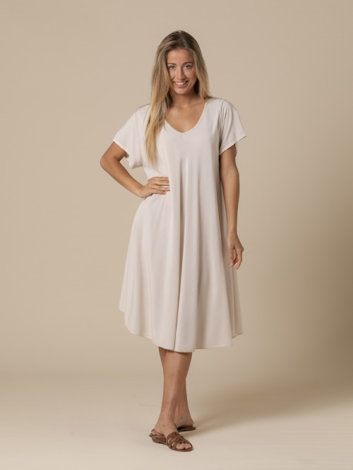 Woman Flowing V-neckline dress in vegetal viscose  Beige