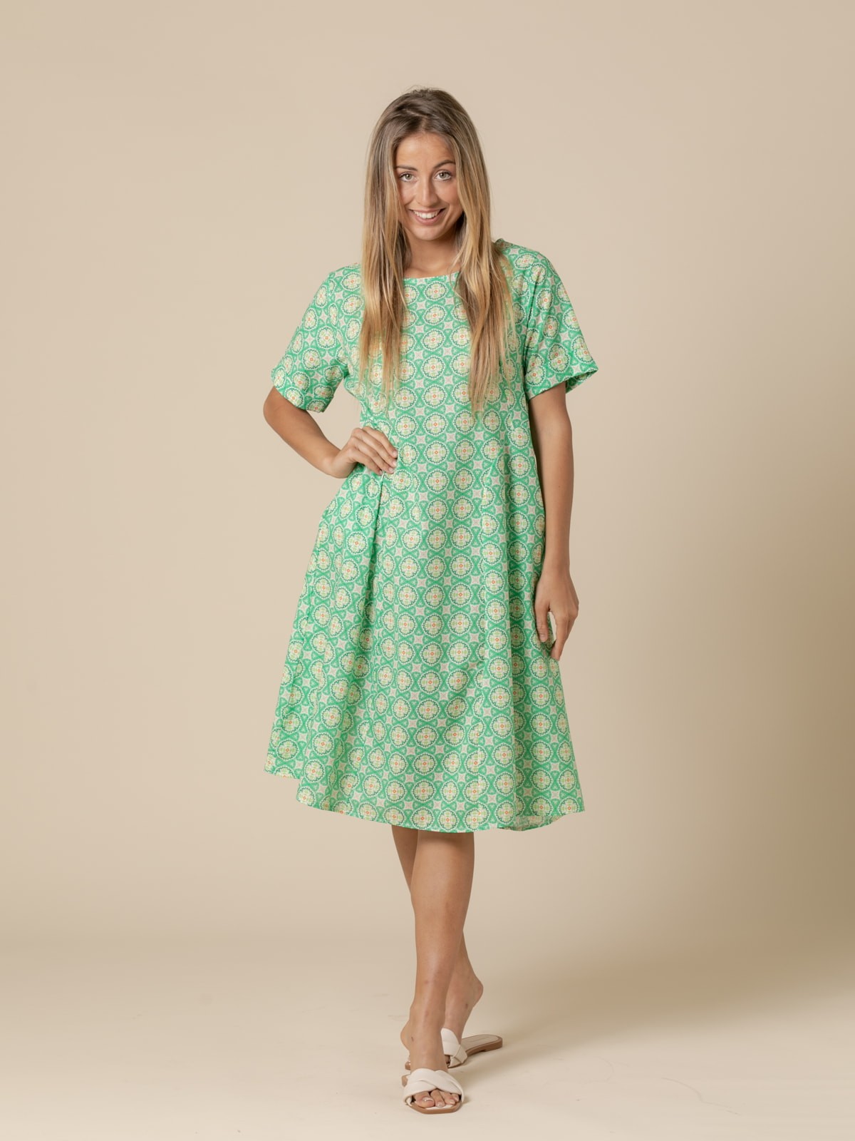 Woman Cotton geometric print dress Green