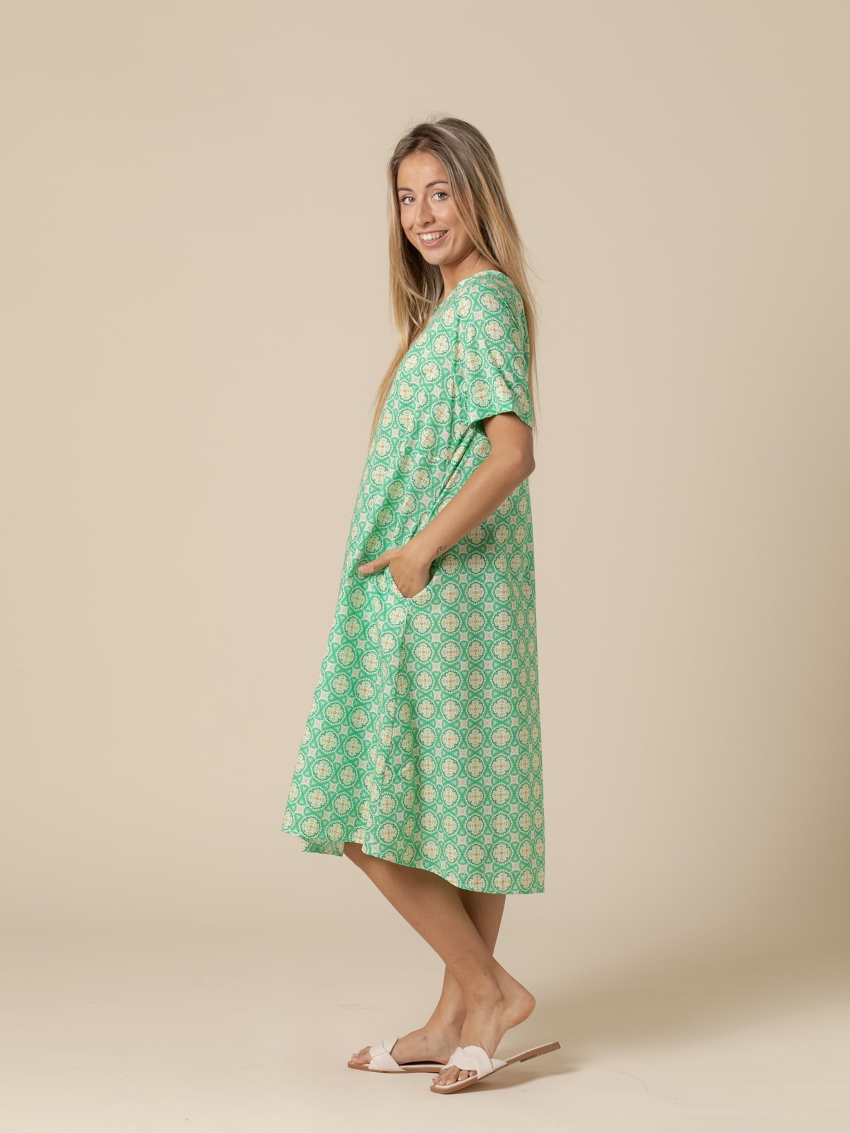 Woman Cotton geometric print dress Green