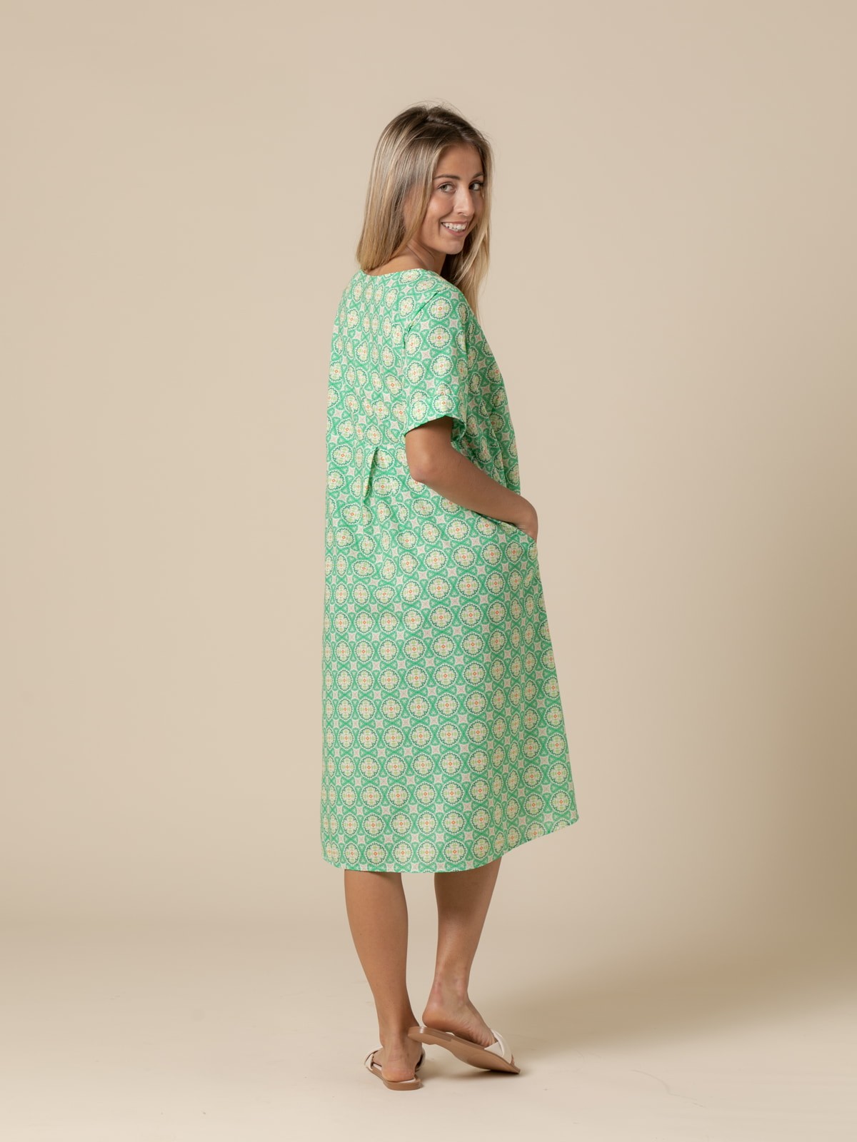 Woman Cotton geometric print dress Green