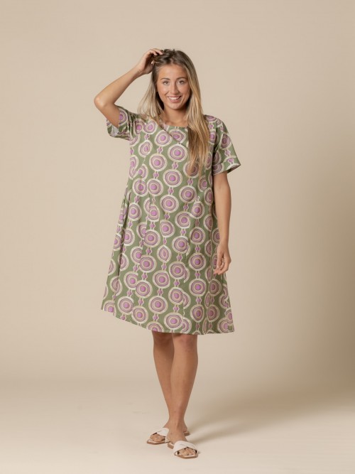 Woman Cotton circle print dress  Khaki