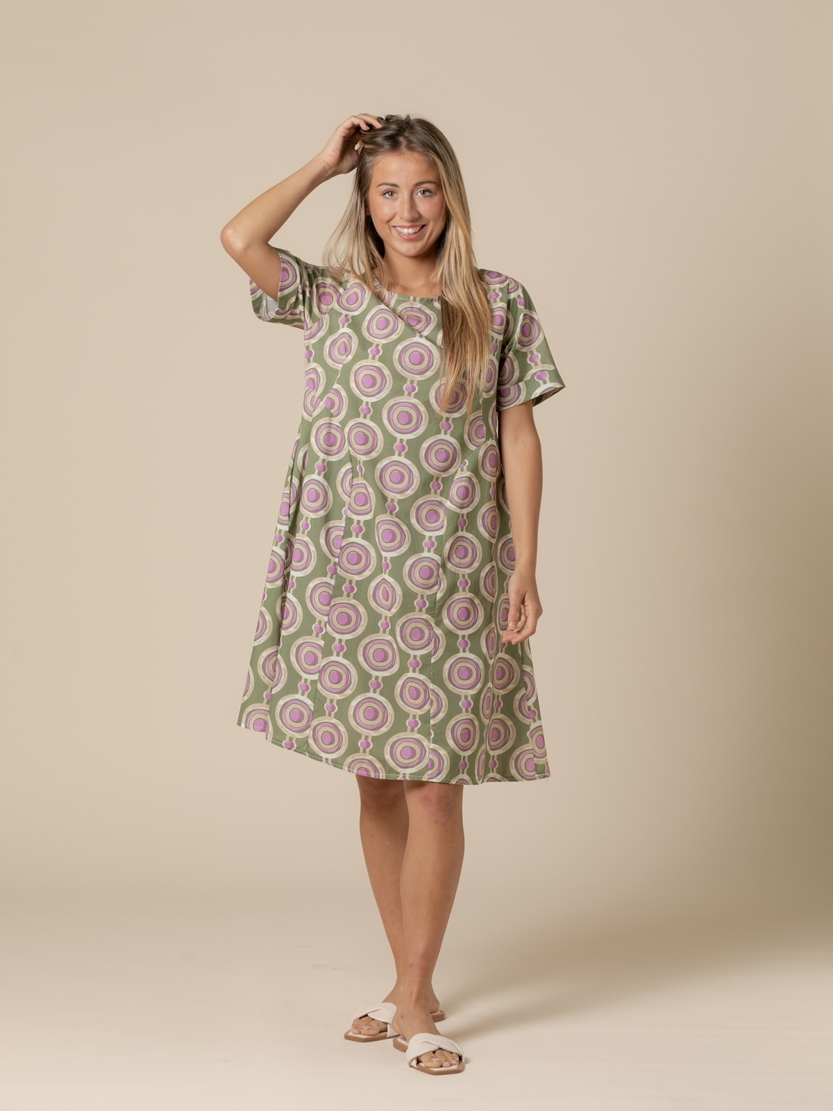 Woman Cotton circle print dress  Khaki