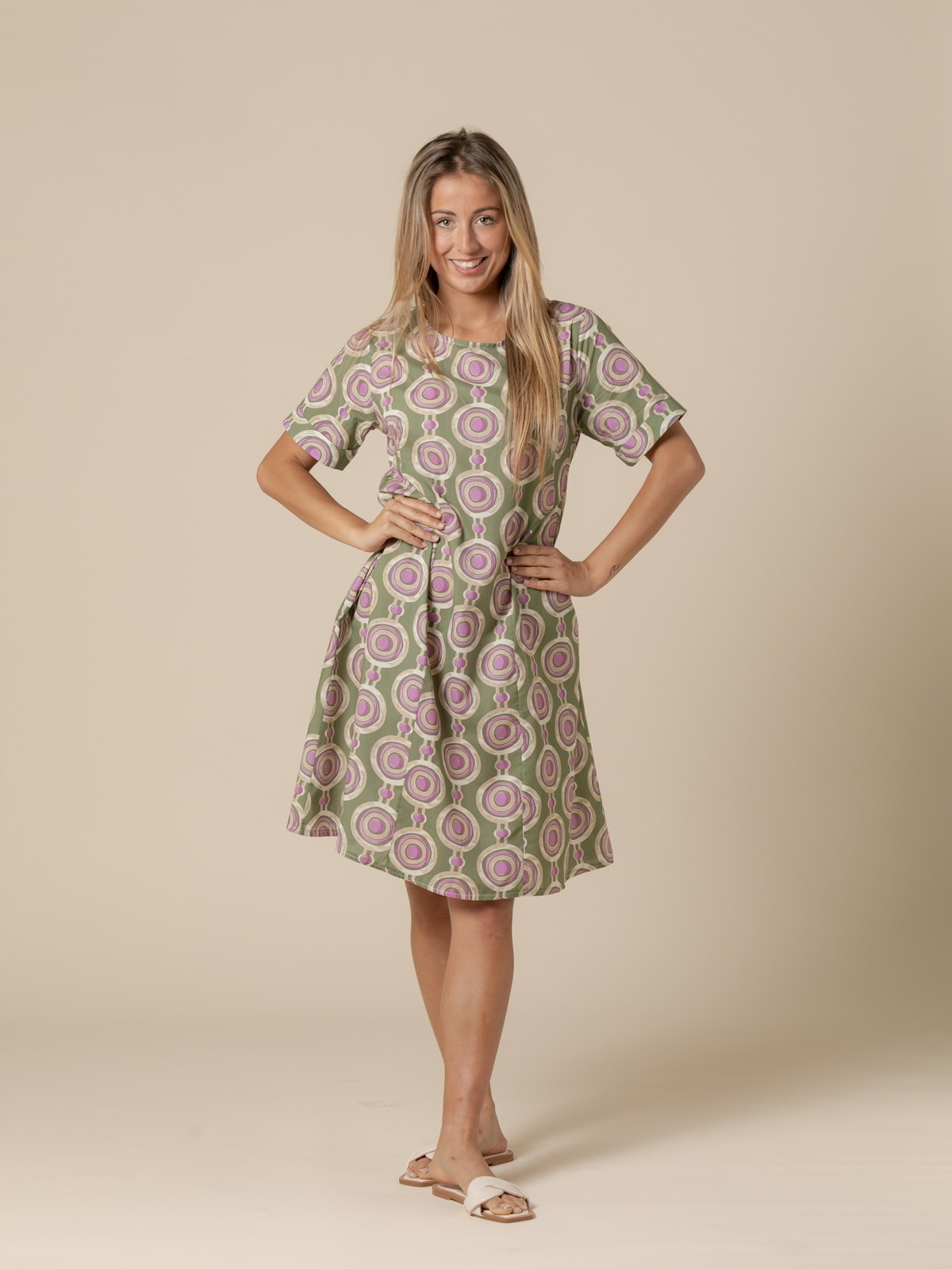 Woman Cotton circle print dress  Khaki