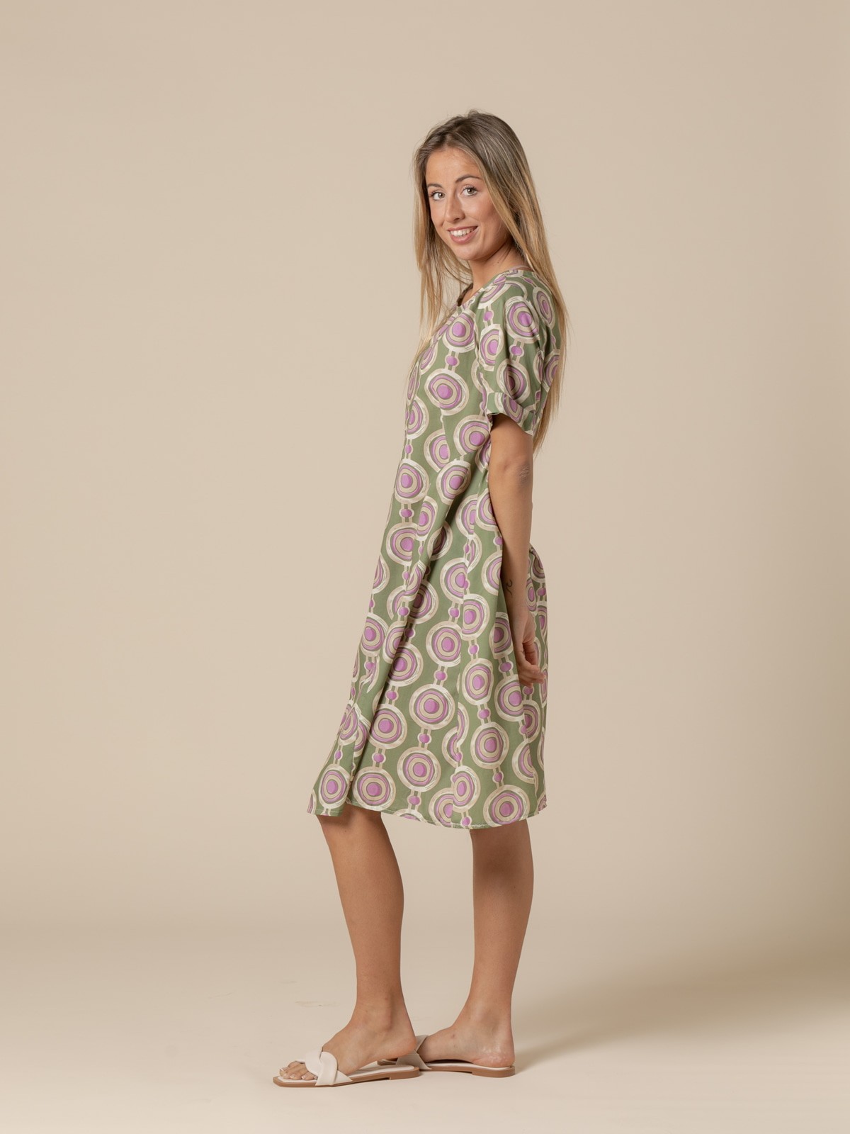 Woman Cotton circle print dress  Khaki