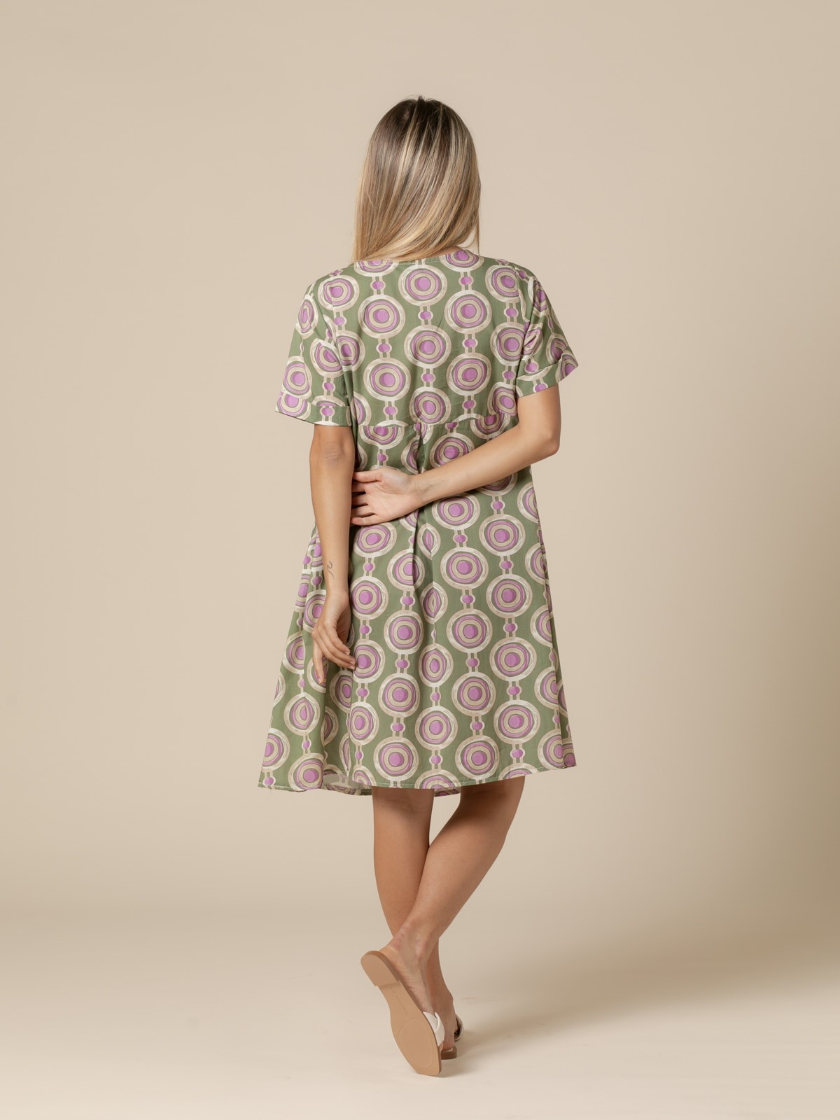 Woman Cotton circle print dress  Khaki