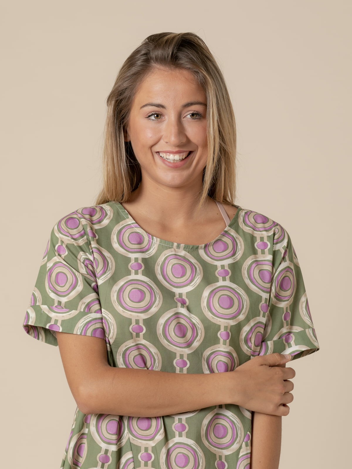 Woman Cotton circle print dress  Khaki