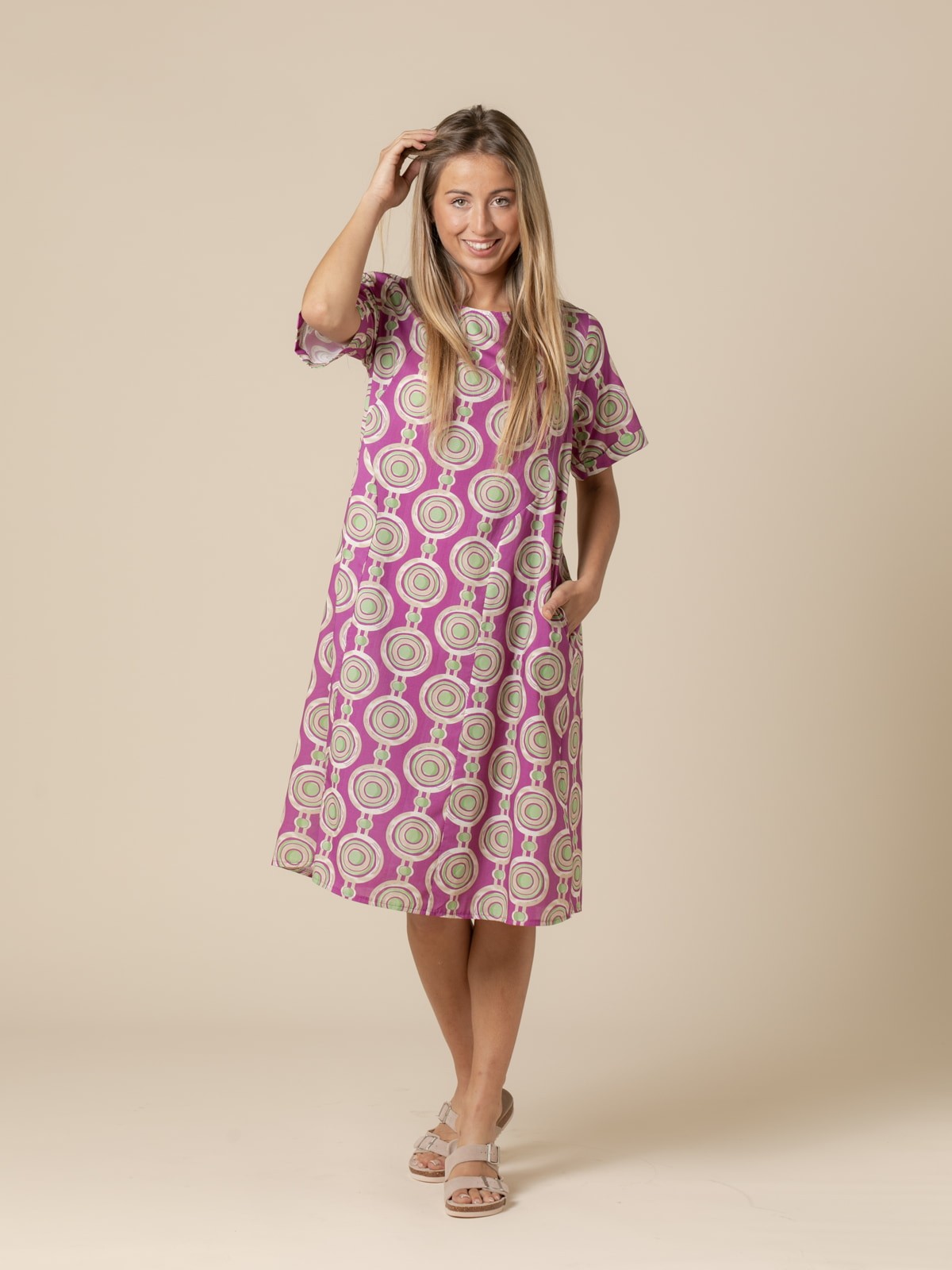 Woman Cotton circle print dress  Magenta