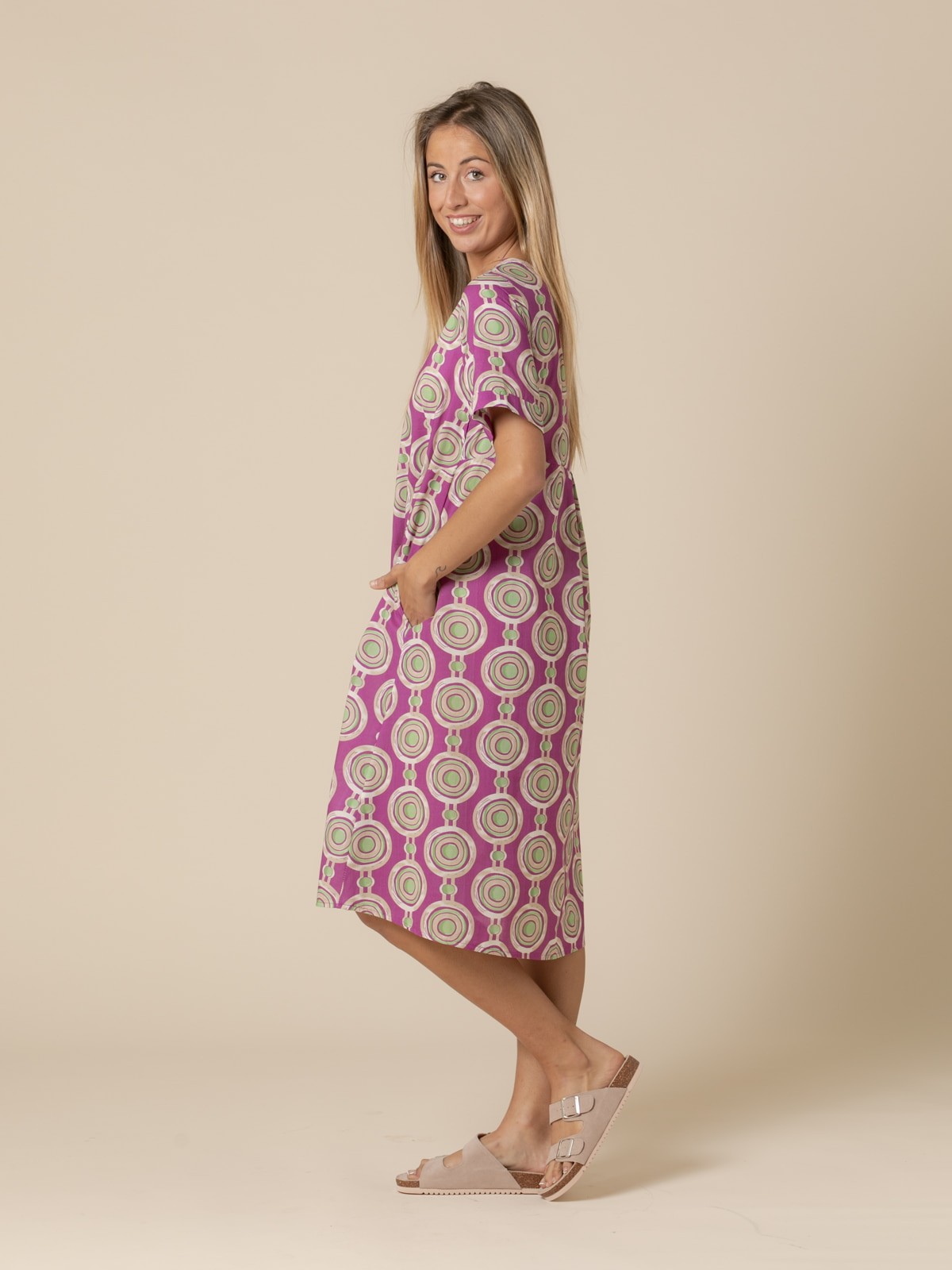 Woman Cotton circle print dress  Magenta