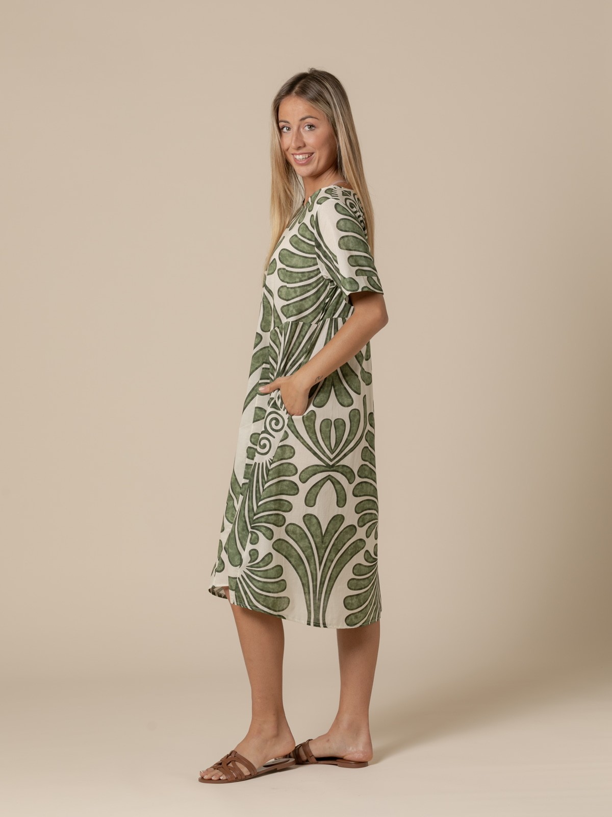 Woman Monocolor leaf print dress  Khaki