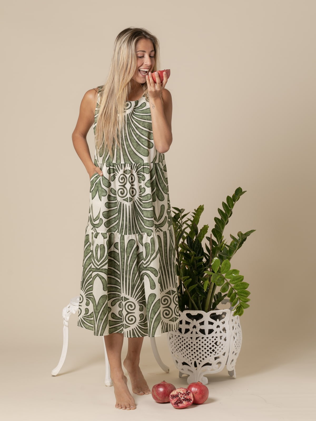 Woman Flowy print long dress  Khaki