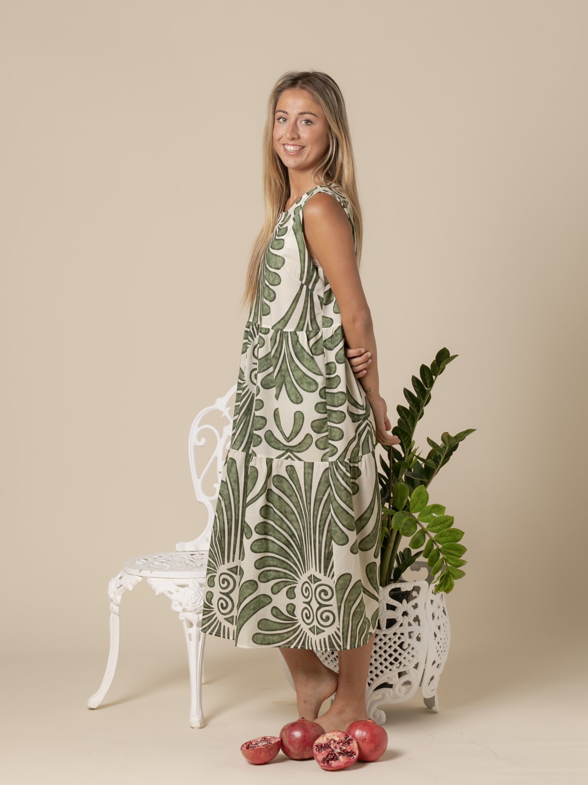 Woman Flowy print long dress  Khaki