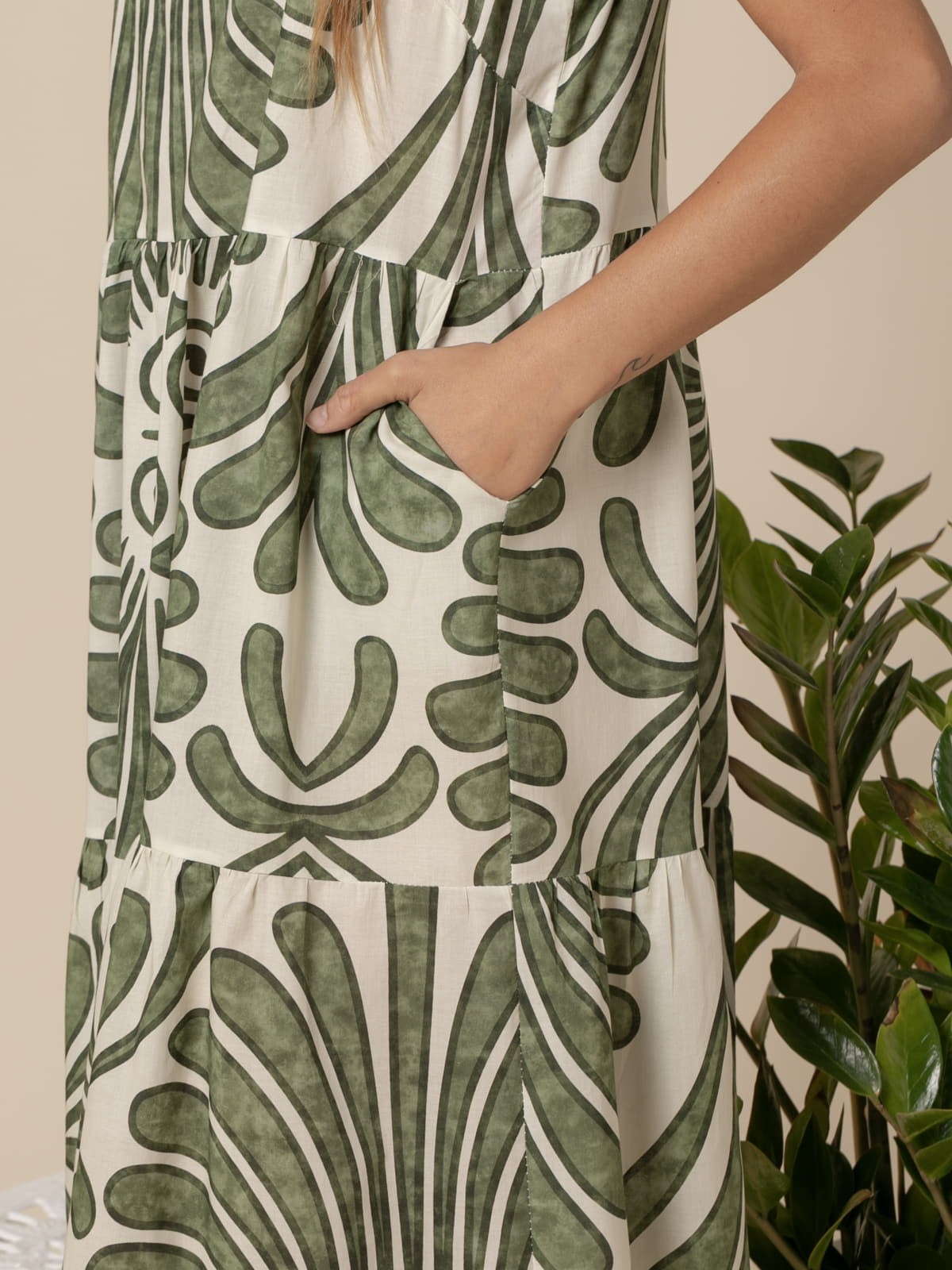 Woman Flowy print long dress  Khaki