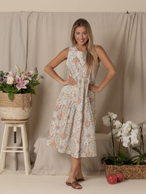 Woman Long fluor dress  Beige
