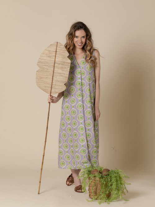 Woman Long printed circle dress with V-neck  Lila