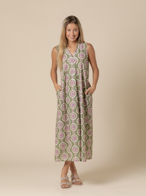 Woman Long printed circle dress with V-neck  Khaki
