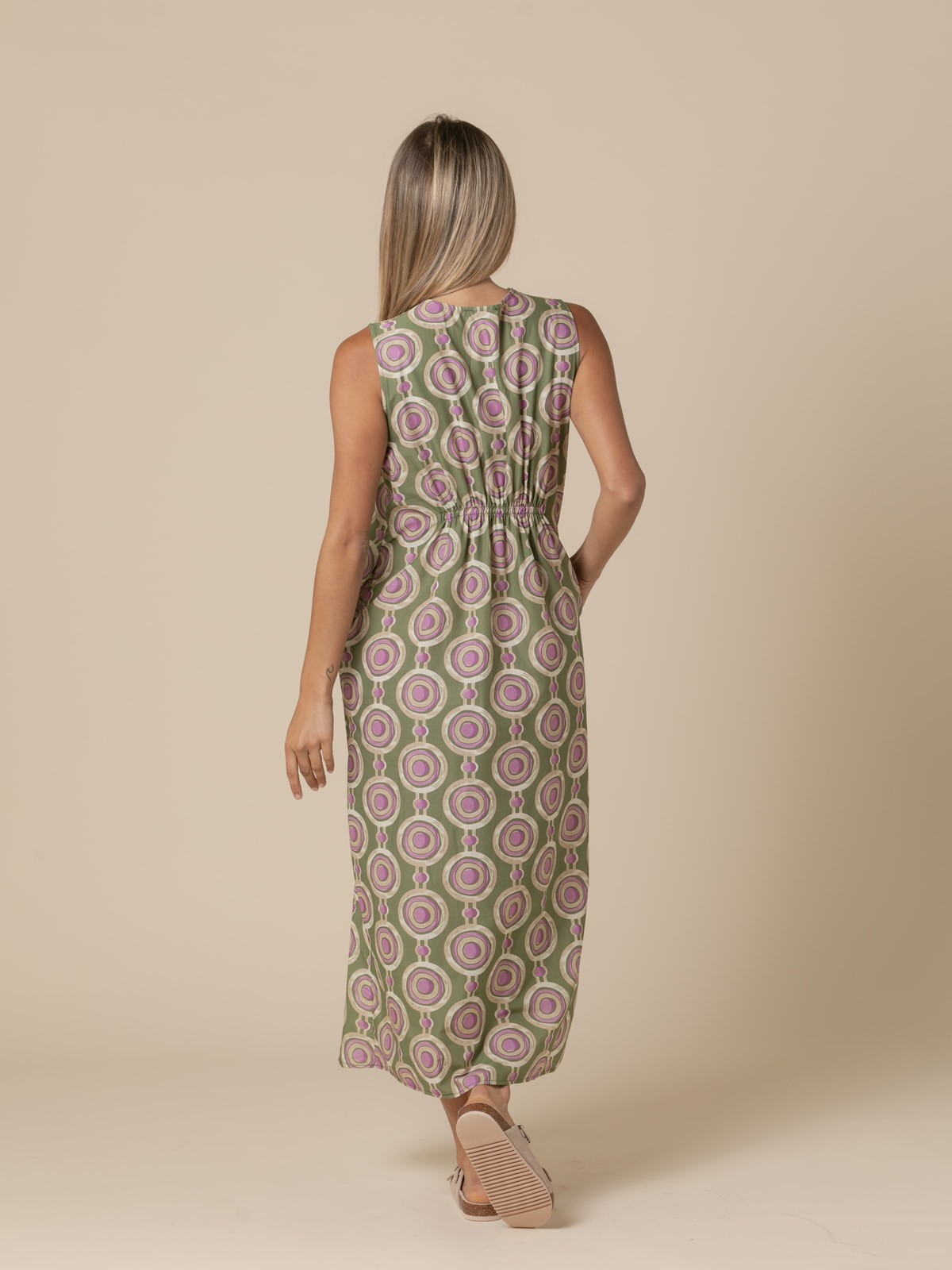 Woman Long printed circle dress with V-neck  Khaki